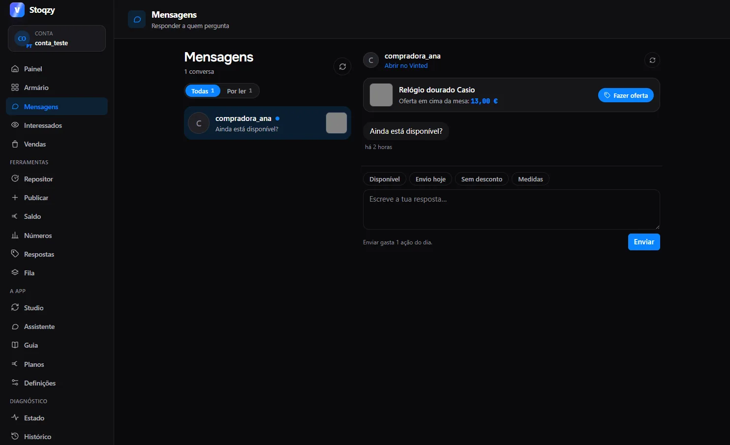 Mensagens do Stoqzy: lista de conversas à esquerda e a conversa aberta à direita, com respostas guardadas e botão de oferta